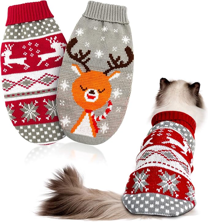 HYLYUN Cat Christmas Sweater 2 Packs - Puppy Christmas Sweater Pet Reindeer Snowflake Sweaters for Kittys and Small Dogs XL