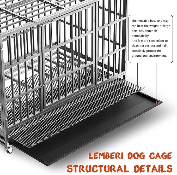LEMBERI 38 inch Heavy Duty Indestructible Dog Crate, Escape Proof Dog Cage Kennel with Lockable Wheels,High Anxiety Double Door Dog Crate,Extra Large Crate Indoor for Large Dog with Removable Tray
