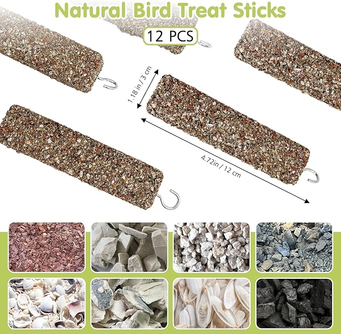 PINVNBY 12 PCS Parakeet Treats Natural Minerals Parrot Treat Sticks Calcium Cockatiel Snacks Hanging Bird Chewing Toy for Budgies Conurus Lovebirds Finches
