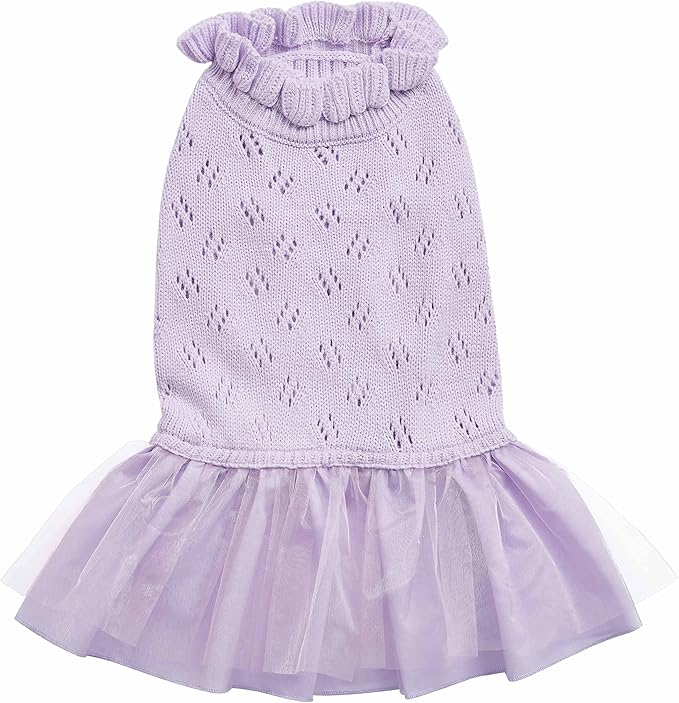 Blueberry Pet My Cutie Princess Ruffle Collar Dog Sweater Dress with Layered Tulle, Light Lavender, Back Length 12", Fall Winter Clothes for Girl Dogs