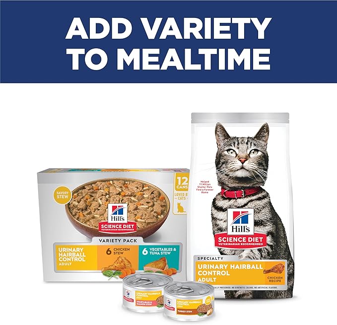 Hill's Science Diet Urinary Hairball Control, Adult 1-6, Urinary Track Health & Hairball Control Support, Dry Cat Food, Chicken Recipe, 15.5 lb Bag
