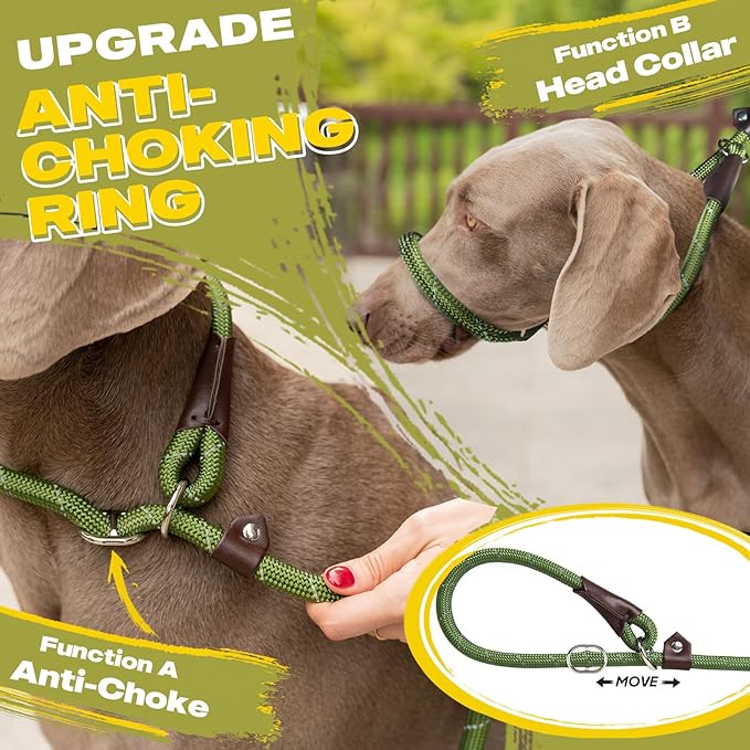 Fida Durable Slip Lead, 6 FT x 1/2" Heavy Duty Loop Leash, Comfortable Strong Rope for Large, Medium Dogs, No Pull Pet Training with Highly Reflective, Green