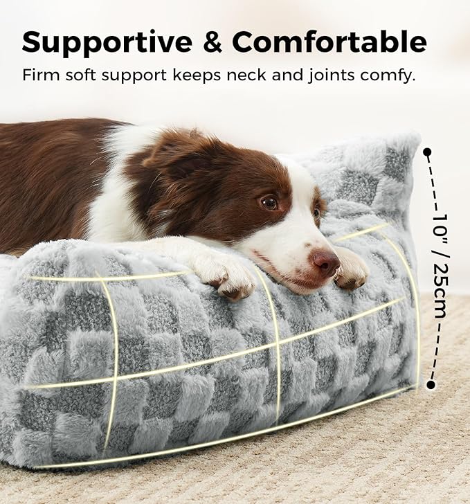 Made4Pets Cat Beds for Indoor Cats, Cat Couch Bed, Soft Faux Fur Checkered Pet Sofa, Calming Fluffy Kitten Sofa with Supportive Foam, Removable Washable Cover with Non-Slip Base, Grey, Small