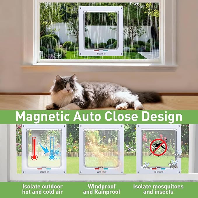 Cat Door for Window, Fits 18"-28" Width Window, Cat Window Door with 4 Locking Modes, Pet Friendly Window Cat Door Insert, Magnetic Closure, Weatherproof, Easy Installation, Clear Plexiglass