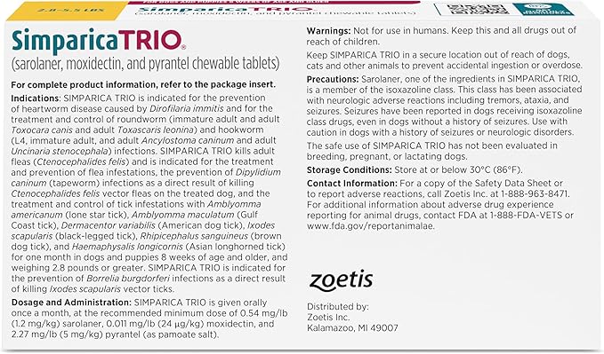 Simparica Trio (sarolaner, moxidectin, and pyrantel chewable Tablets) Chewables for Dogs, 3 mg/tab, 2.8-5.5 lbs, (Gold), 1 Tablet