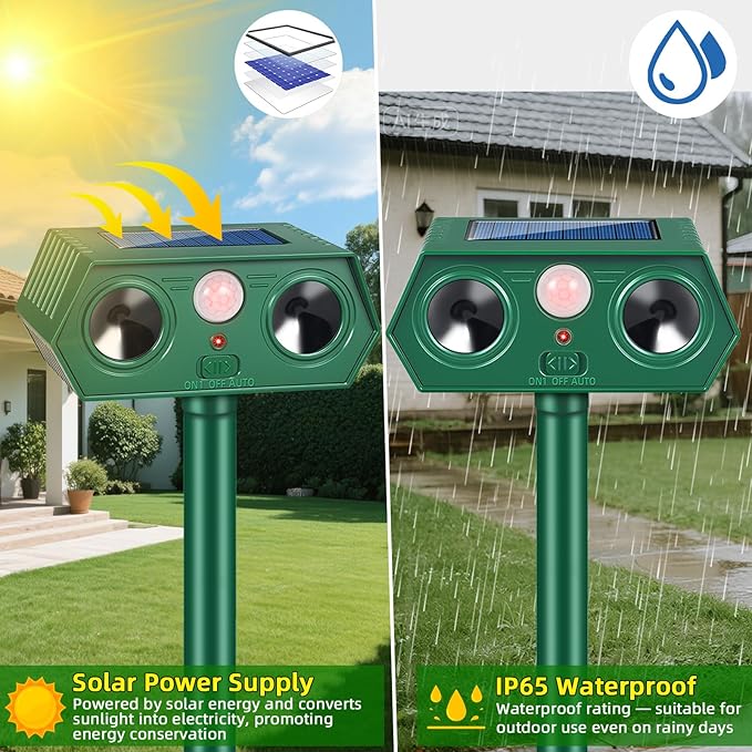 2026 Solar Ultrasonic Animal Repellent Outdoor, IP65 Waterproof Cat Repellent & Deer Repeller Devices, Motion Sensor Racoon Squirrel Fortress Pro Rabbit Skunk Deterrent for Yard Garden (4 Pack)