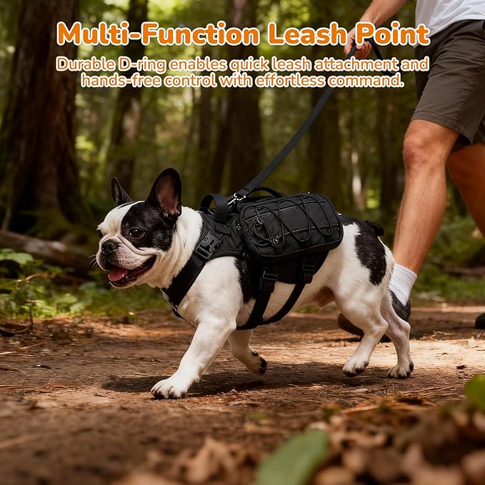 Medium Dog Harness Backpack, No Pull Adjustable Dog Vest with Handle & Leash Ring, Lightweight Dog Backpack with Side Pockets for Walking, Training & Day Hikes, Black, M