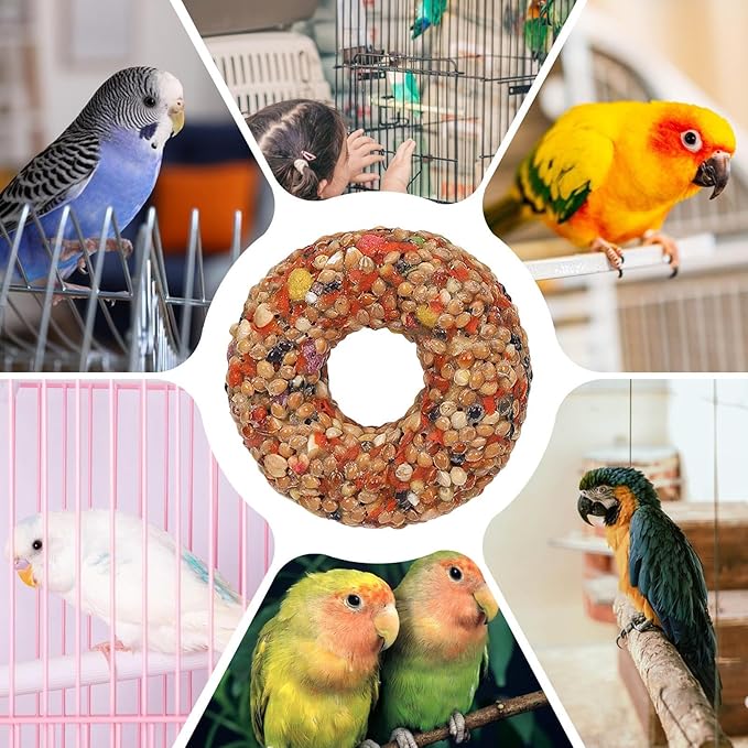 Parakeet Foraging Toy - Donut Grain Teether Bird Treat, Natural Enrichment Activity Toy | Fun Edible Toyy for Lovebirds Aviary Birds Small Parrots Play Chewing Exercise Entertainment