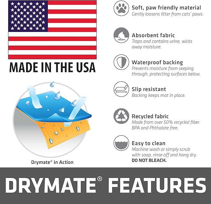 Drymate Cat Litter Box Mat, Litter Trapping Mat, Waterproof, Urine-Proof, Absorbent, Machine Washable, Soft on Paws, Contains Mess, Protects Floors, Kitten Supplies, Light Blue, 29x36 XL