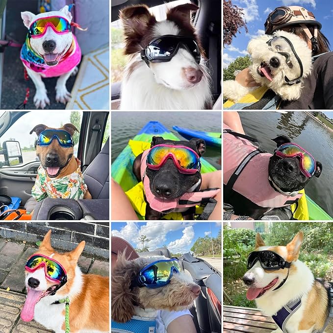 Dog Sunglasses Pet Goggles for Medium Large UV Protection Wind Protection Dust Protection Adjustable Strap Dog Glasses Suitable for Snow Beach Motorcycle (Black Frame Transparent)