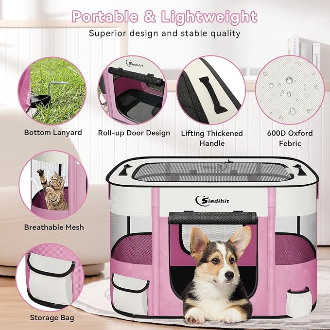 Dog Playpen,Cat Pet Puppy Pen,Portable Playpens for Dogs Indoor Outdoor Travel Camping Use,Foldable Dog Kennel Tent Crate for Rabbit Small Animals with Carrying Case (Pink, Small)