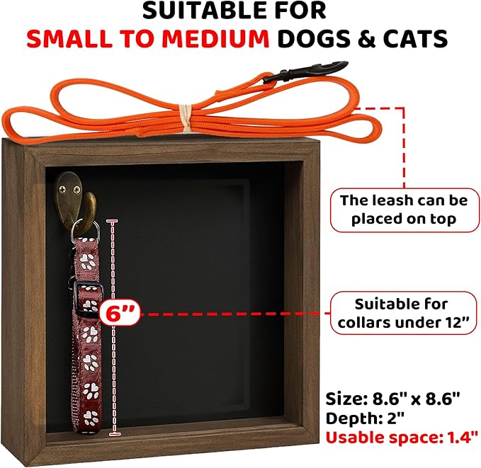 8.6'' Pet Memorial Shadow Box, Rustic Collar Holder Picture Frame, Paw Print Kit, Dog Wooden Sculpture, Pet Hair Fur Jar, Cat Memorial Keychain, Dogs Sympathy Card, Gift for Pet Lovers PSD-4R