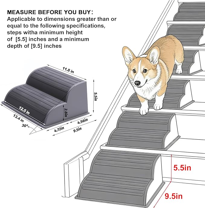 2-Step Modular Dog Ramp - Portable Non-Slip Stairs for Small Dogs with High Support, Lightweight Plastic Pet Steps Fits Staircase Indoor, Ideal for Elderly Injured Pets (9.5"D, 1-Pack, Grey)