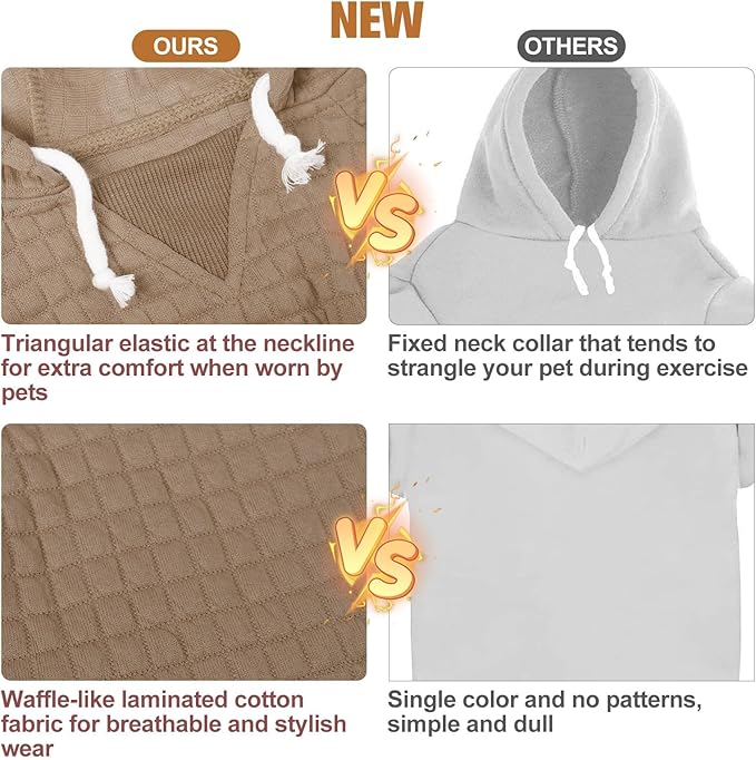 BEAUTYZOO Small Dog Hoodie Sweater with Pockets, Dog Clothes for Small Medium Dogs Boy Girl, Waffle-Like Laminated Cotton Pet Coats with Hat and Leash Hole, Khaki XS
