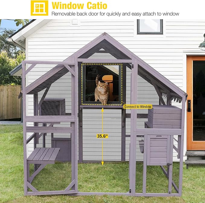 Aivituvin Large Catio Outdoor Cat Enclosure Window Design for 6-10 Cats, 74" H Walk-in Patio Cat House with 4 Access Doors, Waterproof Roof, Spacious Kitty Cage for Multiple Indoor Outdoor Cats