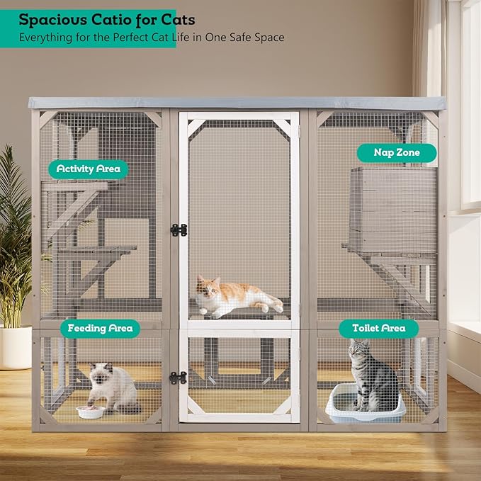 118" Large Catio Outdoor Cat Enclosure, Weatherproof Cat Patio Enclosures for Multiple Cats, Outside Kitty Cage Catio Window Access with 8 Jumping Platforms & 2 Resting Rooms