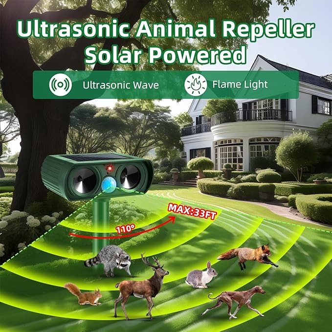 4 Pack Solar Ultrasonic Animal Repeller Outdoor Motion Activated Cat Deterrent & Deer Repellent Devices for Yard Garden IP65 Waterproof Ultrasonic Pest Repeller for Squirrel Raccoon Dog Skunk Rabbit