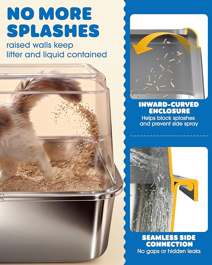 Stainless Steel Cat Litter Box, Metal Litter Box with Scoop, High- Sided, Anti-Leakage Top Entry, Non-Sticky, Easy to Clean, Grey, XL (1 Pack)