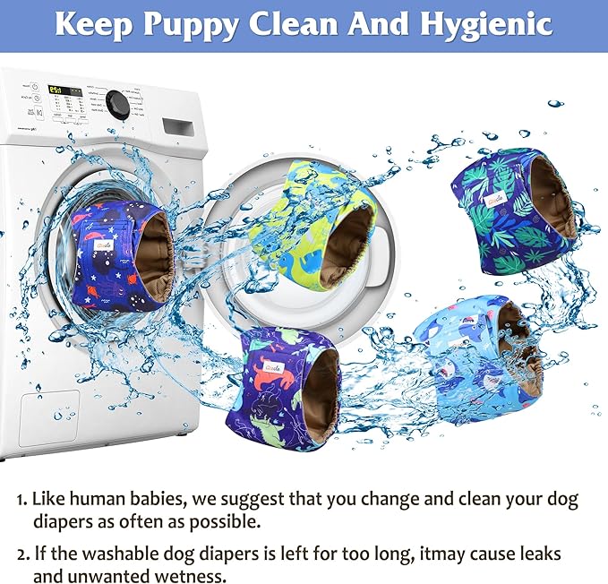 5 Pack Dog Diapers Male Reusable, Premium Belly Bands for Dogs, High Absorbing Male Dog Pee Wraps for Doggie in Incontinence or Excitable Urination Dinosaur S