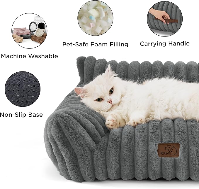 Bedsure ComfyFleece™ Cute Cat Couch for Pets - As Seen on TV on Good Day New York, Small Medium Dog Bed, Supportive Couch Bed for Small Dogs, 30 Inch, Warm Grey