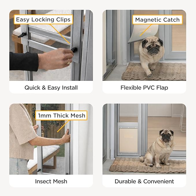 Hakuna Pets V2 Patio Pet Door Screen Insert Panel for Sliding Doors, Fits Door Track Min Ht 59.05" to Max Ht 84.25", UV Resistant Mesh, Magnetic Dog Door, Easy Install and Removal, Medium, Silver