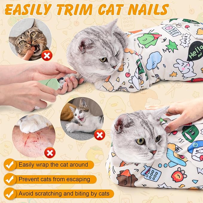 27.6In Self-Adhesive Cat Grooming Wrap, Anti-Escape Cat Restraint for Nail Clipping, Cat Swaddle Wrapping Cloth for Pet Cleaning & Beauty, for Cats up to 15lbs, Cat Gifts