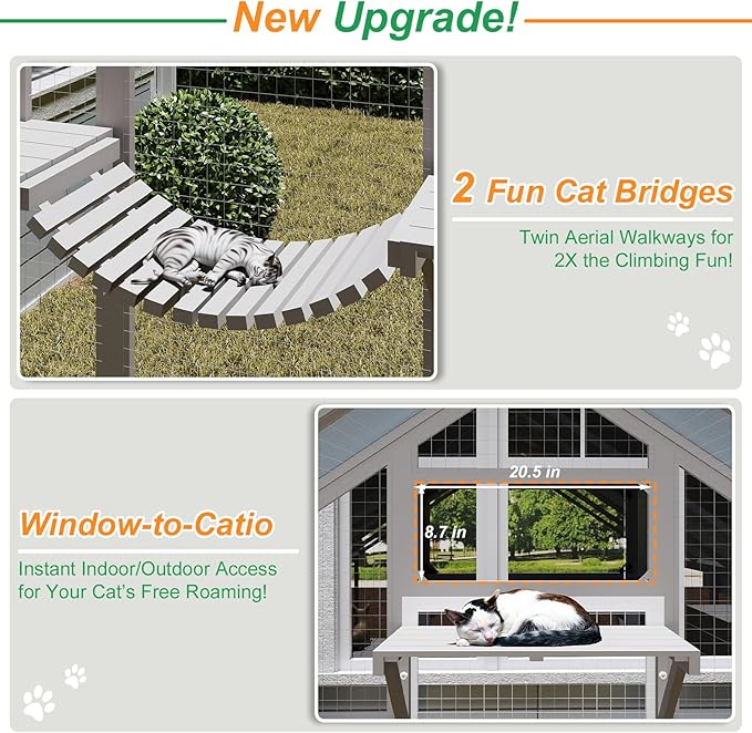 Extra Large Catio Outdoor Cat Enclosure Waterproof, Walk-in Outdoor Pet House for Multiple Cats, Catio Cat Run Cage with Bridges, Weatherproof Full Cover, 8 Platforms, 2 Resting Box
