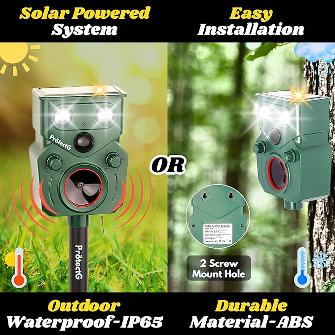 2 Pack Solar Ultrasonic Animal Repellent - Motion Activated Deterrent - Extended Coverage for Farm, Orchard, Garden Large Yard Wildlife Defense - Waterproof Raccoon, Deer, Bird, Cat Repellent