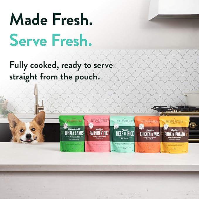 Portland Pet Food Company Fresh Dog Food Pouches - Human-Grade Topper Mix-Ins & Wet Pet Meals - Small & Large Breed Puppy & Senior Dogs - Gluten-Free Limited Ingredient Meal Toppers - 8 Pack Variety