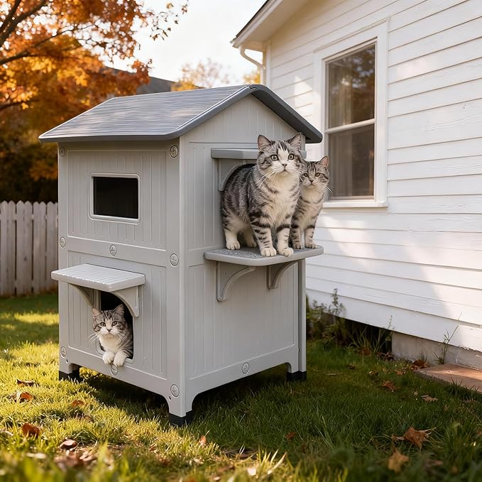 Weatherproof Outdoor Insulated Cat House for Feral Multi Cat, 2 Storey Plastic Elevated Cat Shelter with Escape Door, Easy Assemble, Expansive Interior‌ Grey 34" D x 21" W x 21.5" H