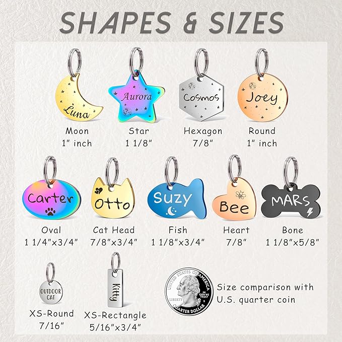 Anavia Small Size Dog Cat ID Tags, Small/XS Personalized Color Plated Stainless Steel Puppy Kitten Name Tags, Customized Engraved Nameplate Pet Collar Tag (Rainbow, Hexagon)