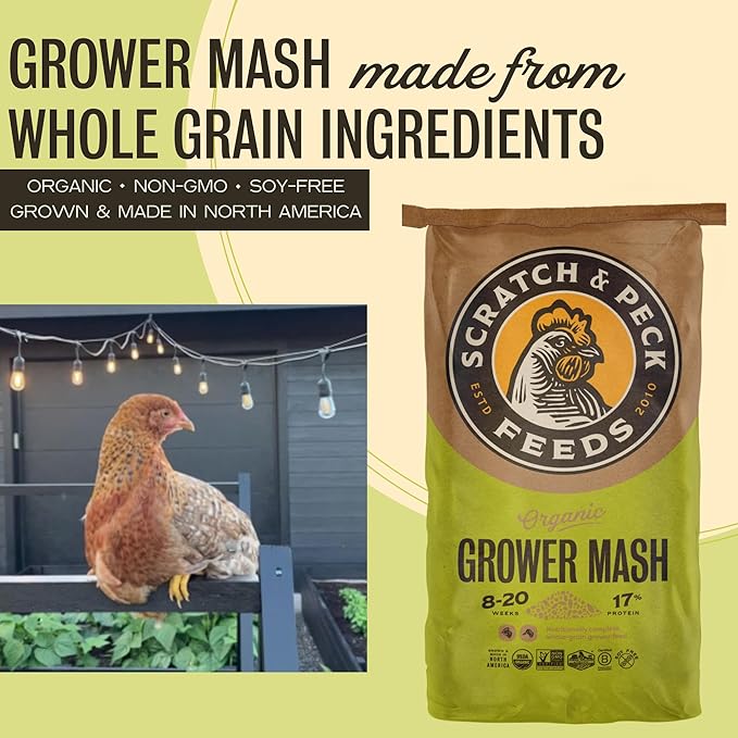 Scratch and Peck Feeds Organic Chicken & Duck Feed - Grower Mash - 50-lbs - 17% Protein, Premium Whole Grains, Essential Oils, Vitamins and Minerals