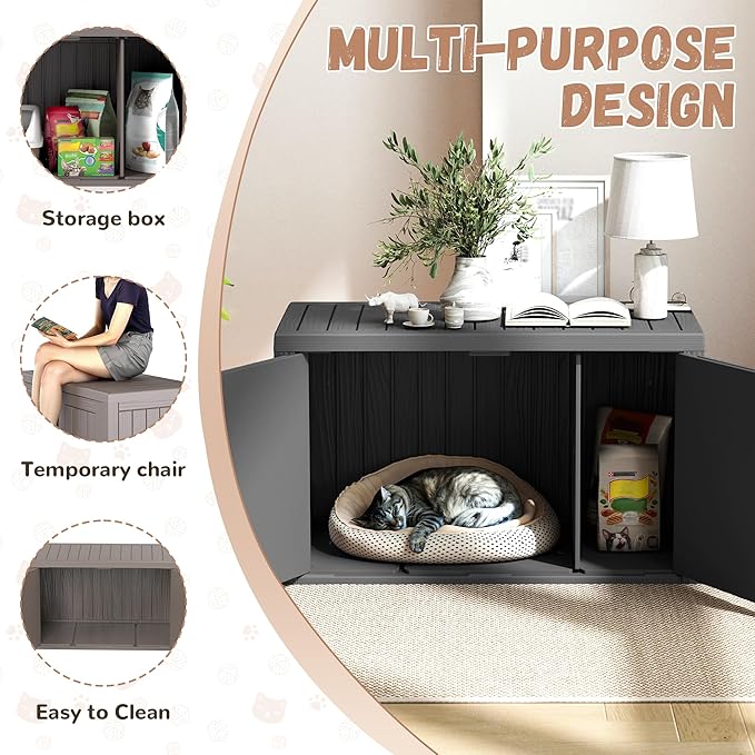 Hidden Cat Litter Box, Cat Litter Box Enclosure Furniture with Double Door, Indoor Outdoor Cat House, Adjustable Partition & Side End Table Design, Easy to Clean & Assemble(Black)