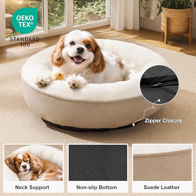 Love's cabin Round Donut Cat and Dog Cushion Bed, 25in Pet Bed for Small or Medium Dogs, Anti-Slip & Water-Resistant Bottom, Soft Durable Fabric Pet Beds, Washable Calming Cat & Dog Bed Camel