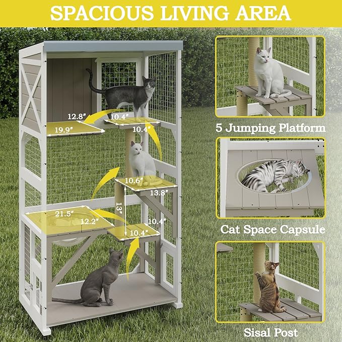64.4" L Catio Outdoor Cat Enclosure,Outdoor Cats House with 10 Platforms & 2 Space Capsules,Wooden Cat Catio Cats Enclosure with Weatherproof Oxford Cloth Roof & 8 Wheels,Grey