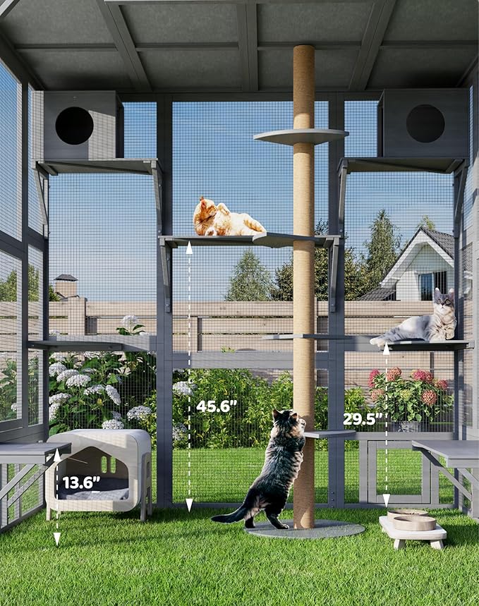 Large Catio Outdoor Cat Enclosure, Wall-Mounted Window Catio for Multiple Cats with Cats House, Multi-Level Platform, Scratching Post and Waterproof Cover, Outside Kitty Enclosure, Grey