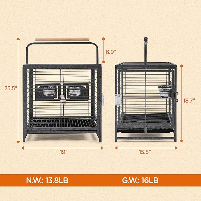 Topeakmart Travel Bird Cage Carrier for Small to Medium Sized Birds Lovebirds Parrotlet Conue Cockatiels with Handle Perch & Stainless Steel Bowls, Black