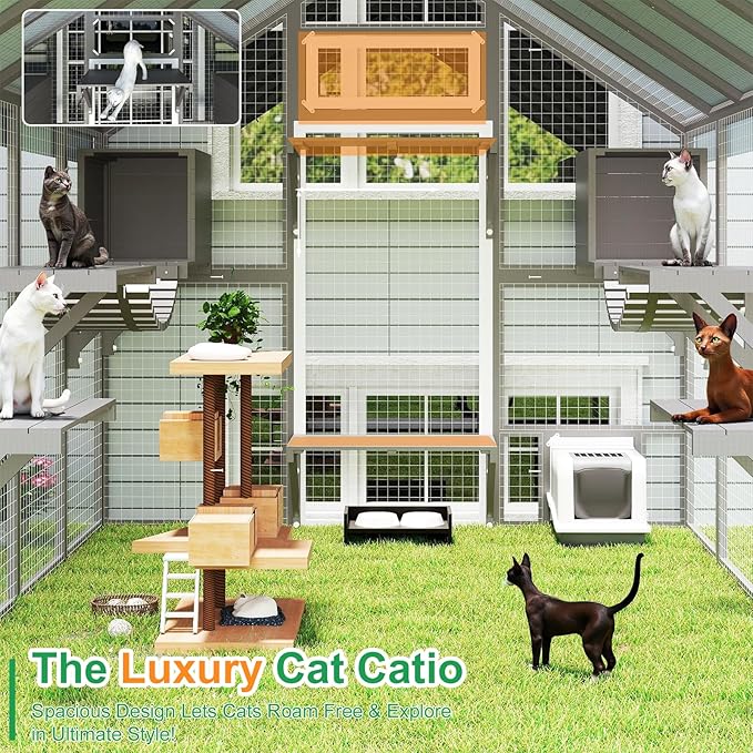 Extra Large Catio Outdoor Cat Enclosure Waterproof, Walk-in Outdoor Pet House for Multiple Cats, Catio Cat Run Cage with Bridges, Weatherproof Full Cover, 8 Platforms, 2 Resting Box