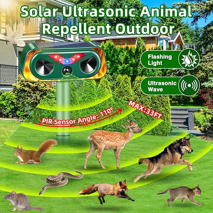 2026 Solar Ultrasonic Animal Repellent Outdoor Cat Squirrel Racoon Fortress Pro with Flashing Lights & Motion Sensor Animal Deterrent Devices for Deer, Rabbit, Fox, Skunk Repellent for Yard Garden