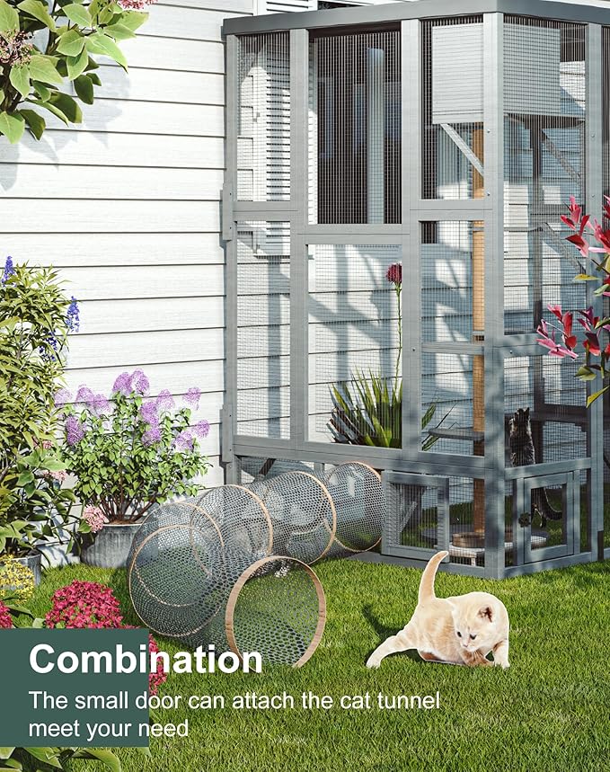 Large Catio Outdoor Cat Enclosure, Wall-Mounted Window Catio for Multiple Cats with Cats House, Multi-Level Platform, Scratching Post and Waterproof Cover, Outside Kitty Enclosure, Grey