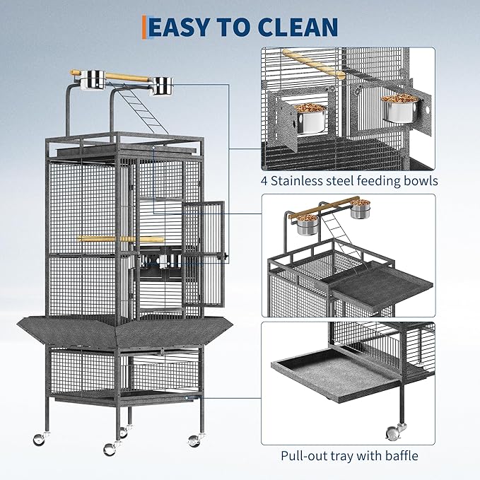 61" Large Bird Cage, Metal Parrot Cage with Play Top, Rolling Stand & Bowls - Bird Aviary for Macaws, Cockatoos, Conures, Black