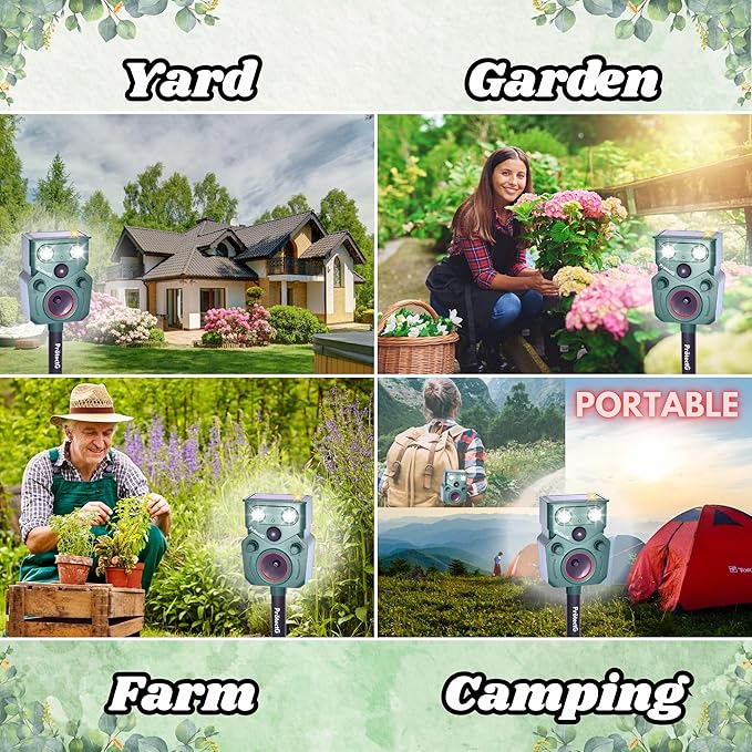 Solar Ultrasonic Animal Repellent Outdoor - Motion Activated Deterrent with Flashing LED Light - Waterproof Yard & Garden Protector for Deer, Cat, Racoon, Squirrel, Rodents, Bird (1 Pack)