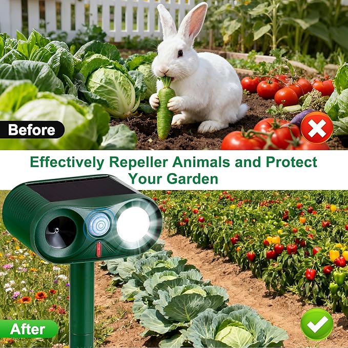 2Pack Solar Ultrasonic Animal Repeller with Strobe Light – for Gardens, Farms and courtyards Outdoor Deterrent for Raccoons, Deer, Squirrels, Cats, Skunks & Foxes