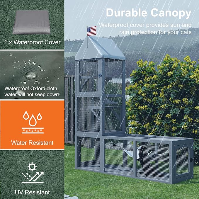 Cat Catio with Tunnel, 2 in 1 Outdoor Cat Enclosure Include 1 Catio and 1 Tunnel, Cats Enclosure with Kitten Hammock and Waterproof Cover, Indoor Outdoor Cats Cage Playground with 2 Door
