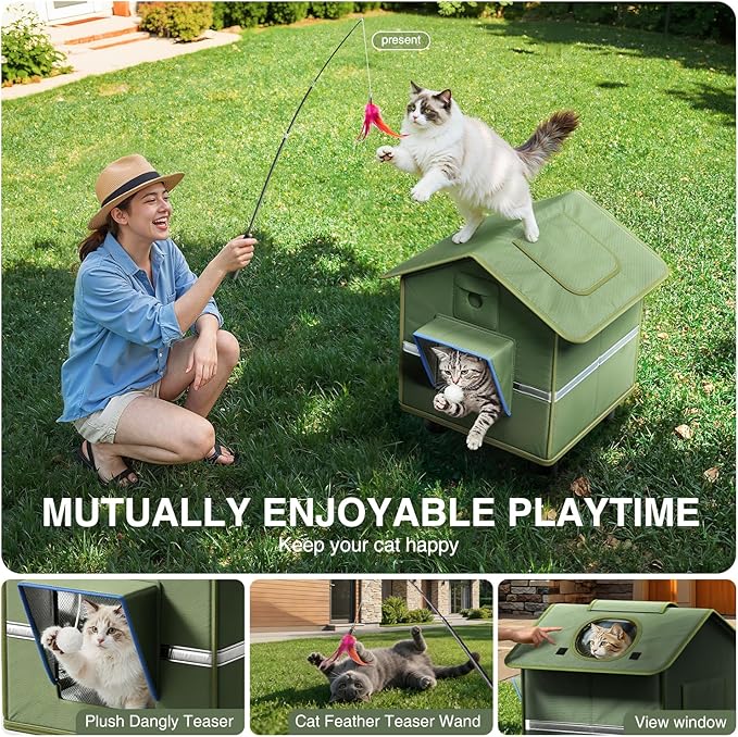 Outdoor Cat House for Outside with Elevated Base Cat-Attracting Eave Design and Cat Toys Feral Stray Shelter Weatherproof in Garage Yard Porch (Dual Camera Ports)