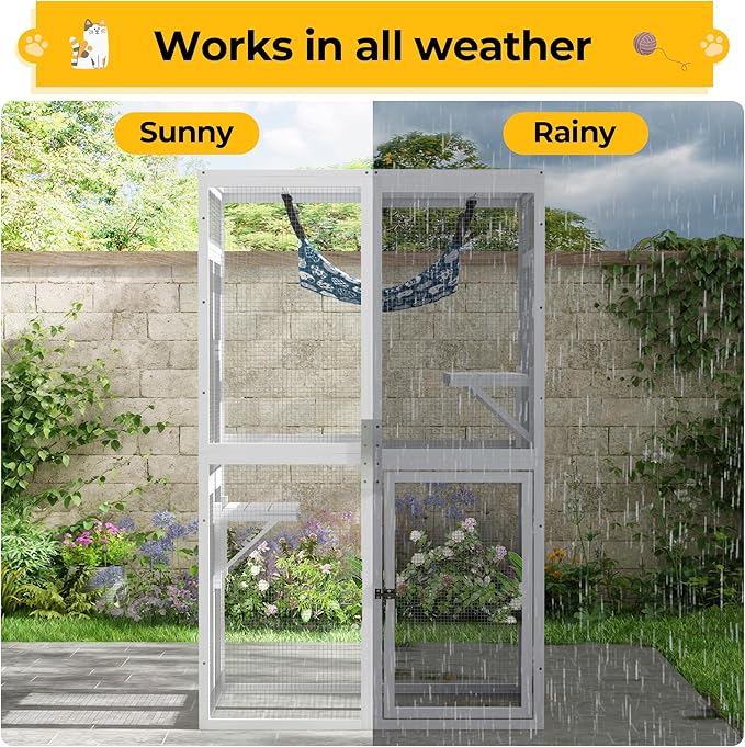 COZIWOW Upgraded Catio Outdoor Cat Enclosure Window Access, Wooden Cat House Shelter, Kitty Cage with Platforms & Hammock Patio Indoor (White)
