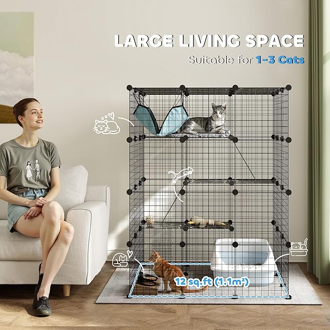 PawHut Cat Cage Indoor, DIY 4 Tier Cat Enclosure with Hammock, 3 x 3 x 4 Detachable Wire Cat Kennel with Ramps, Jumping Platforms, Doors, for 1-3 Cats, 41" L x 41" W x 55" H, Black