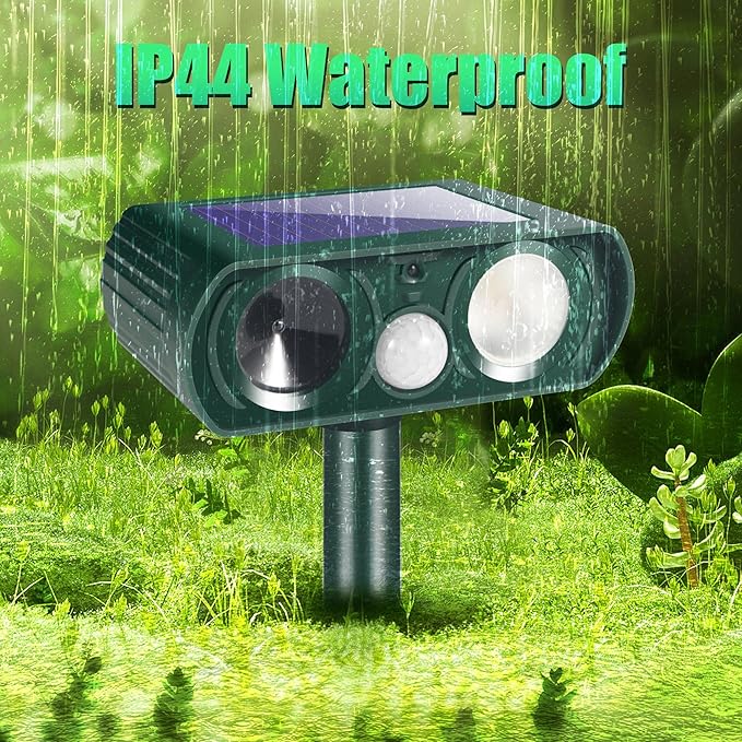 Solar Ultrasonic Animal Repeller Outdoor Cat Repellent Sonic Fortress Pro Deer Repellent with Motion Sensor & Strobe Light,Animal Deterrent Devices for Squirrel Racoon Skunk Rabbit Garden Yard, 4 Pack
