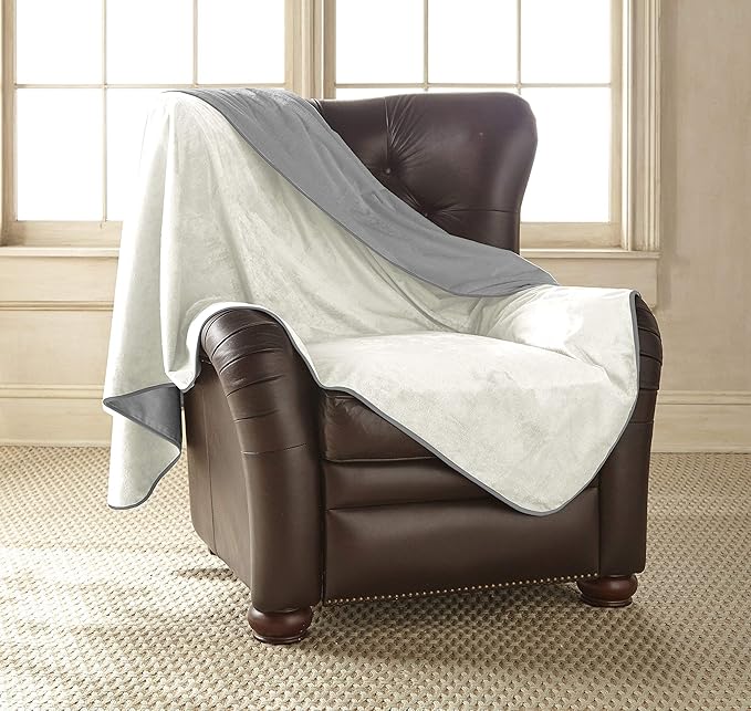 Mambe Silky Waterproof Throw for Protecting Furniture Bed Couch from Stains Caused by Dogs, Cats, Incontinence. Soft, Washable, Reversible. (Size Large 70x90 inches, Color Buff/Dove)