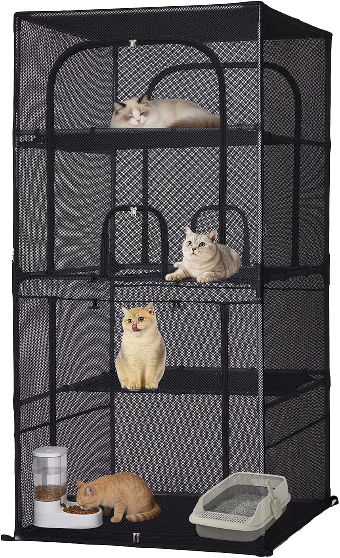 Catio Outdoor Cat Enclosure,4 Tiers Window Catio,Upgraded Mesh Cat Enclosure Sturdy and Durable with Multiple Doors Easy to Clean(31.4“L× 31.4”W ×63" H)